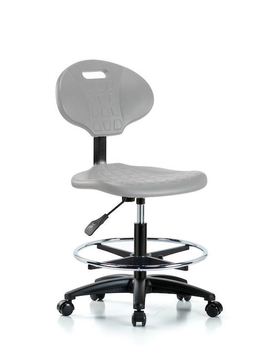 Blue Ridge Ergonomics TPMBCH-RG-A0-CF-RC-GRY Erie Polyurethane Chair - Medium Bench Height with Chrome Foot Ring & Casters in Gray Polyurethane