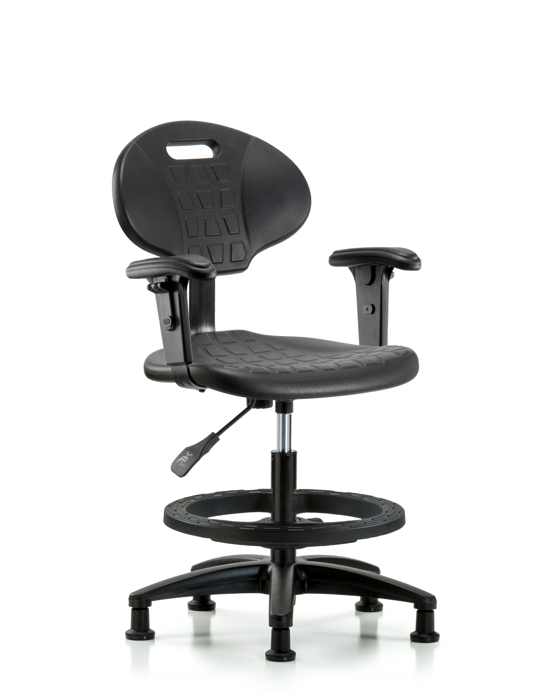 Blue Ridge Ergonomics TPMBCH-RG-A1-BF-RG-BLK Erie Polyurethane Chair - Medium Bench Height with Black Foot Ring, Adjustable Arms, & Stationary Glides in Black Polyurethane