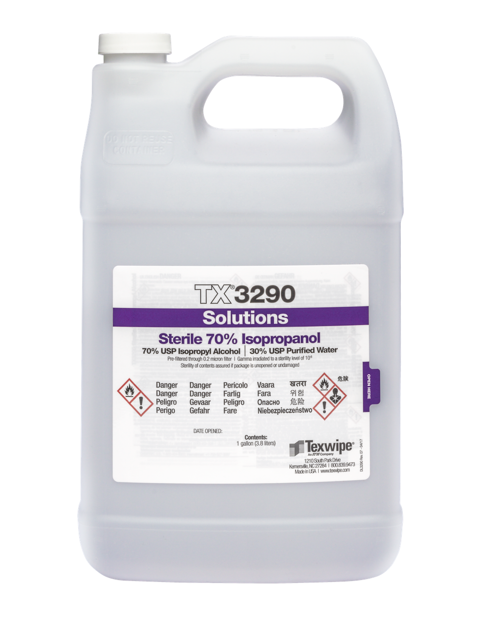 SOS Cleanroom Texwipe TX3290 Sterile 70% Isopropanol Alcohol Solution (1 Gallon Bottle, 4/Case) - Case