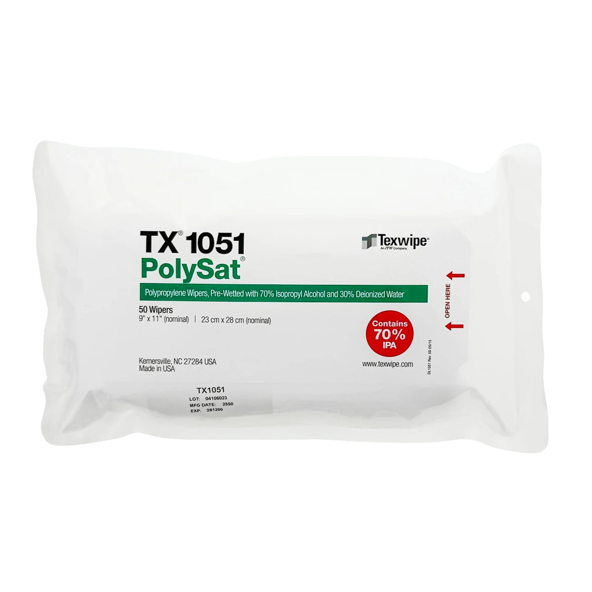 SOS Cleanroom Texwipe TX1051 PolySat 9" x 11" Polypropylene Cleanroom Wiper Pre-Wetted 70% IPA - Bag