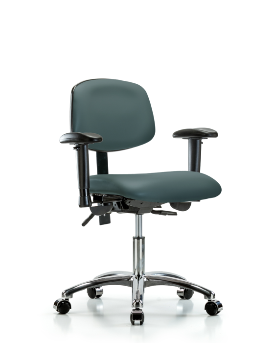 Blue Ridge Ergonomics VDHCH-CR-T0-A1-CC-8546 Rutledge Vinyl Chair Chrome - Desk Height with Adjustable Arms & Casters in Colonial Blue Trailblazer™ Vinyl