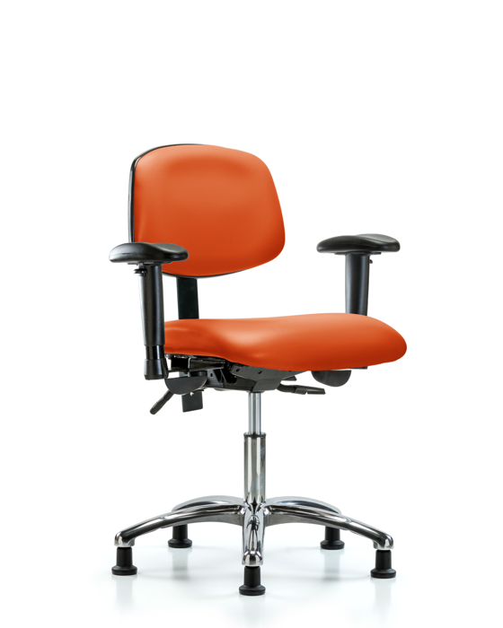 Blue Ridge Ergonomics VDHCH-CR-T0-A1-RG-8613 Rutledge Vinyl Chair Chrome - Desk Height with Adjustable Arms & Stationary Glides in Orange Kist Trailblazer™ Vinyl