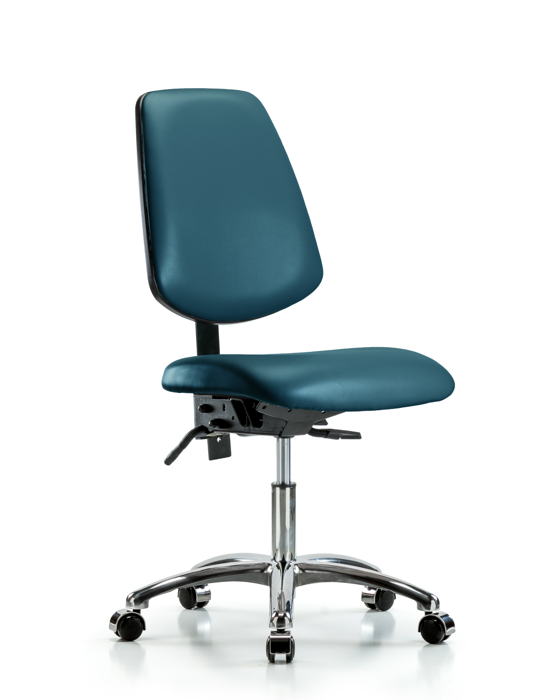 Blue Ridge Ergonomics VDHCH-MB-CR-T0-A0-CC-8801 Rutledge Vinyl Chair Chrome - Desk Height with Medium Back & Casters in Marine Blue Supernova™ Vinyl
