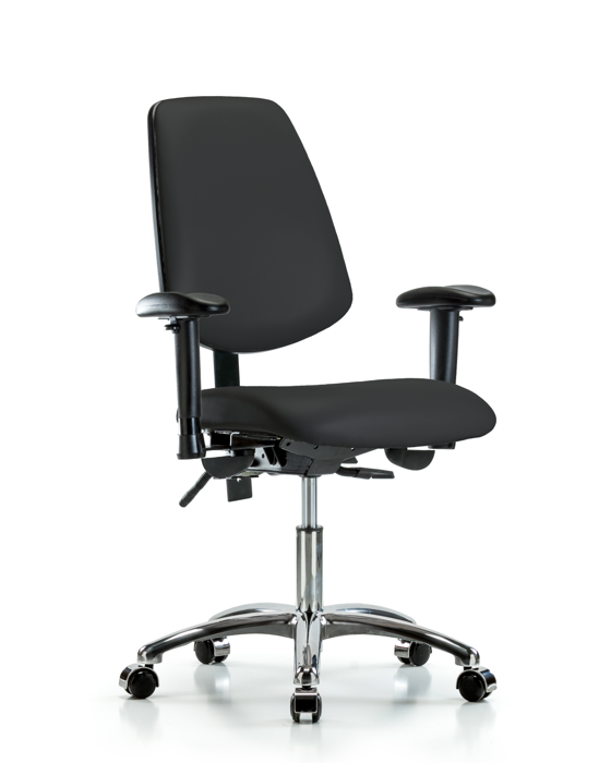 Blue Ridge Ergonomics VDHCH-MB-CR-T0-A1-CC-8540 Rutledge Vinyl Chair Chrome - Desk Height with Medium Back, Adjustable Arms, & Casters in Black Trailblazer™ Vinyl