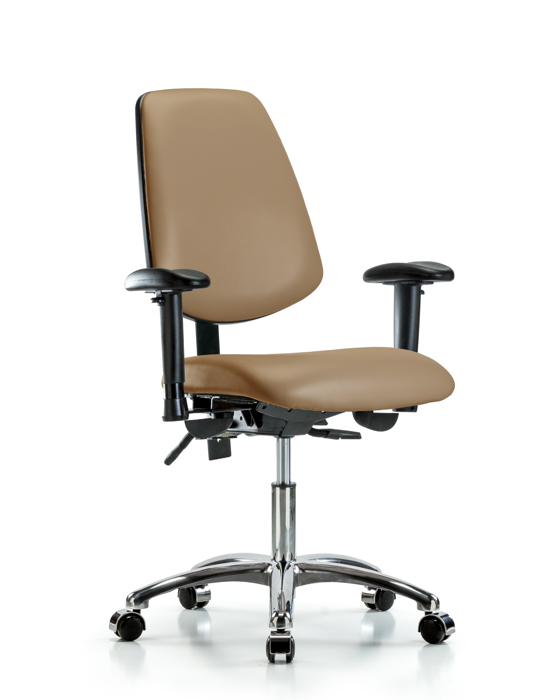 Blue Ridge Ergonomics VDHCH-MB-CR-T0-A1-CC-8584 Rutledge Vinyl Chair Chrome - Desk Height with Medium Back, Adjustable Arms, & Casters in Taupe Trailblazer™ Vinyl