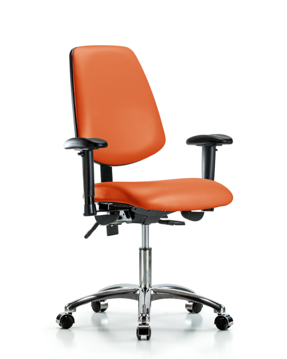Blue Ridge Ergonomics VDHCH-MB-CR-T0-A1-CC-8613 Rutledge Vinyl Chair Chrome - Desk Height with Medium Back, Adjustable Arms, & Casters in Orange Kist Trailblazer™ Vinyl
