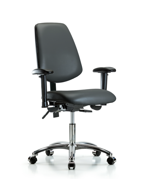 Blue Ridge Ergonomics VDHCH-MB-CR-T0-A1-CC-8823 Rutledge Vinyl Chair Chrome - Desk Height with Medium Back, Adjustable Arms, & Casters in Carbon Supernova™ Vinyl