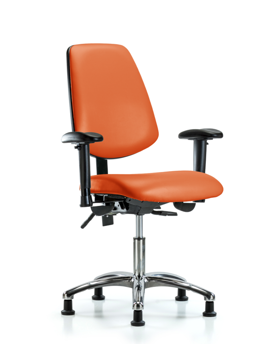 Blue Ridge Ergonomics VDHCH-MB-CR-T0-A1-RG-8613 Rutledge Vinyl Chair Chrome - Desk Height with Medium Back, Adjustable Arms, & Stationary Glides in Orange Kist Trailblazer™ Vinyl