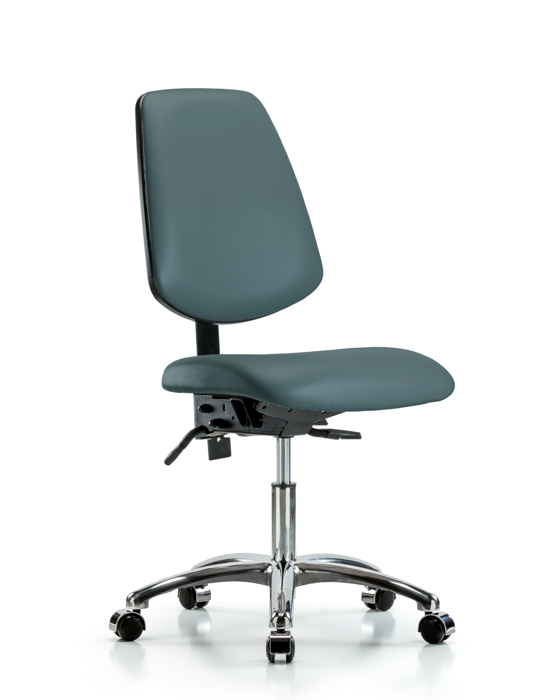 Blue Ridge Ergonomics VDHCH-MB-CR-T1-A0-CC-8546 Rutledge Vinyl Chair Chrome - Desk Height with Medium Back, Seat Tilt, & Casters in Colonial Blue Trailblazer™ Vinyl