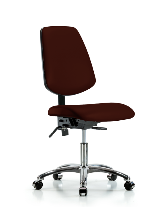 Blue Ridge Ergonomics VDHCH-MB-CR-T1-A0-CC-8569 Rutledge Vinyl Chair Chrome - Desk Height with Medium Back, Seat Tilt, & Casters in Burgundy Trailblazer™ Vinyl