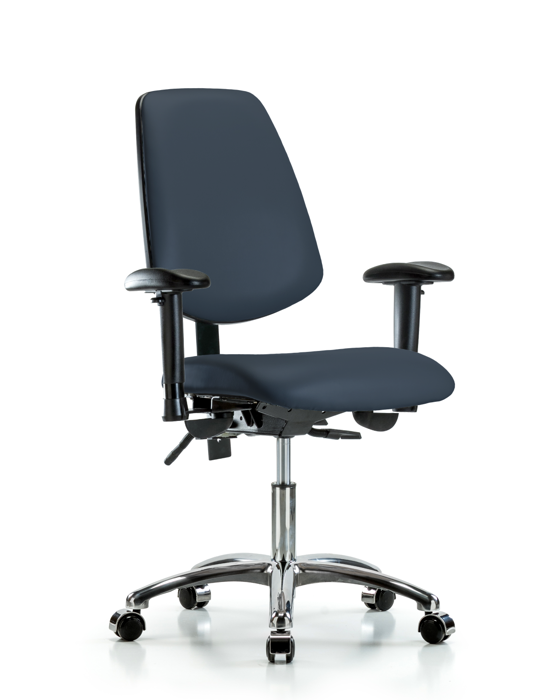 Blue Ridge Ergonomics VDHCH-MB-CR-T1-A1-CC-8582 Rutledge Vinyl Chair Chrome - Desk Height with Medium Back, Seat Tilt, Adjustable Arms, & Casters in Imperial Blue Trailblazer™ Vinyl
