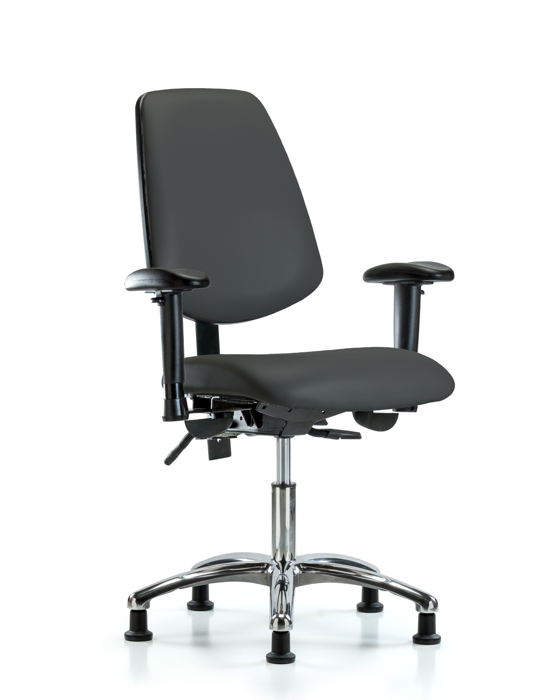 Blue Ridge Ergonomics VDHCH-MB-CR-T1-A1-RG-8605 Rutledge Vinyl Chair Chrome - Desk Height with Medium Back, Seat Tilt, Adjustable Arms, & Stationary Glides in Charcoal Trailblazer™ Vinyl