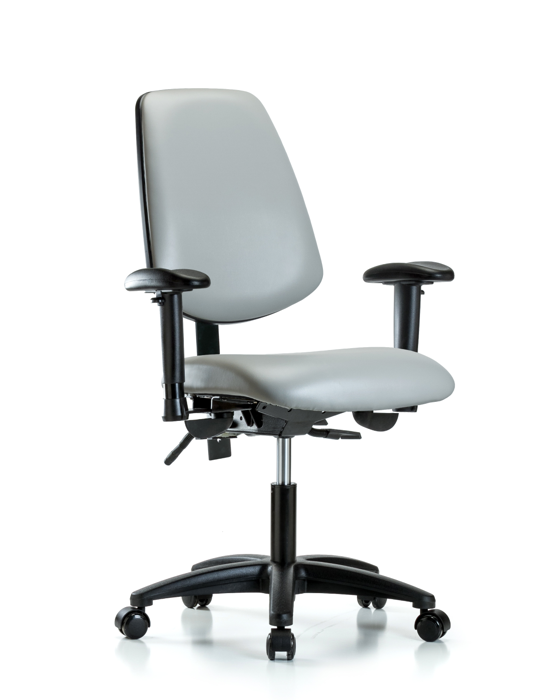 Blue Ridge Ergonomics VDHCH-MB-RG-T0-A1-RC-8567 Rutledge Vinyl Chair - Desk Height with Medium Back, Adjustable Arms, & Casters in Dove Trailblazer™ Vinyl