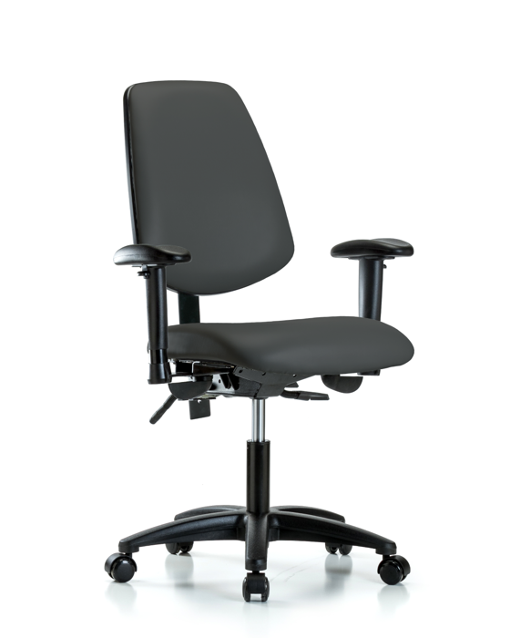 Blue Ridge Ergonomics VDHCH-MB-RG-T1-A1-RC-8605 Rutledge Vinyl Chair - Desk Height with Medium Back, Seat Tilt, Adjustable Arms, & Casters in Charcoal Trailblazer™ Vinyl