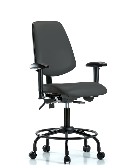 Blue Ridge Ergonomics VDHCH-MB-RT-T0-A1-RC-8605 Rutledge Vinyl Chair - Desk Height with Round Tube Base, Medium Back, Adjustable Arms, & Casters in Charcoal Trailblazer™ Vinyl