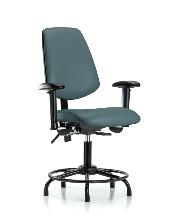 Blue Ridge Ergonomics VDHCH-MB-RT-T0-A1-RG-8546 Rutledge Vinyl Chair - Desk Height with Round Tube Base, Medium Back, Adjustable Arms, & Stationary Glides in Colonial Blue Trailblazer™ Vinyl