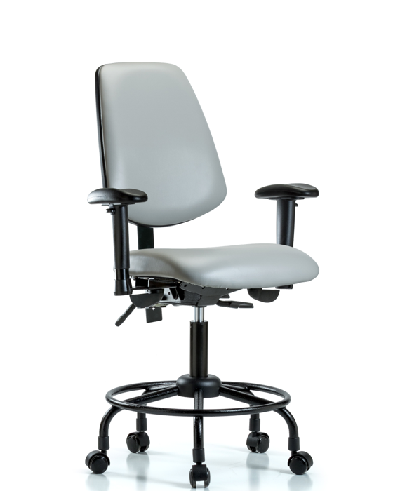 Blue Ridge Ergonomics VDHCH-MB-RT-T1-A1-RC-8567 Rutledge Vinyl Chair - Desk Height with Round Tube Base, Medium Back, Seat Tilt, Adjustable Arms, & Casters in Dove Trailblazer™ Vinyl