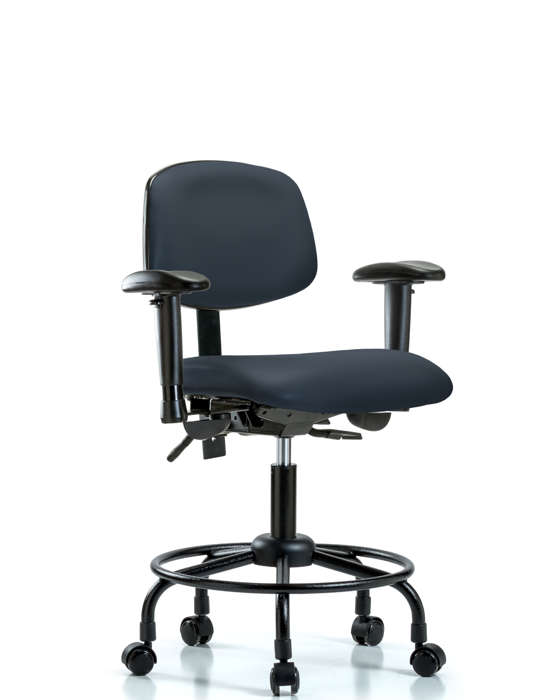 Blue Ridge Ergonomics VDHCH-RT-T0-A1-RC-8582 Rutledge Vinyl Chair - Desk Height with Round Tube Base, Adjustable Arms, & Casters in Imperial Blue Trailblazer™ Vinyl