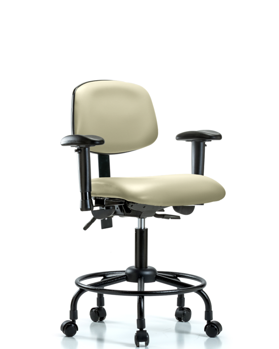 Blue Ridge Ergonomics VDHCH-RT-T1-A1-RC-8501 Rutledge Vinyl Chair - Desk Height with Round Tube Base, Seat Tilt, Adjustable Arms, & Casters in Adobe White Trailblazer™ Vinyl