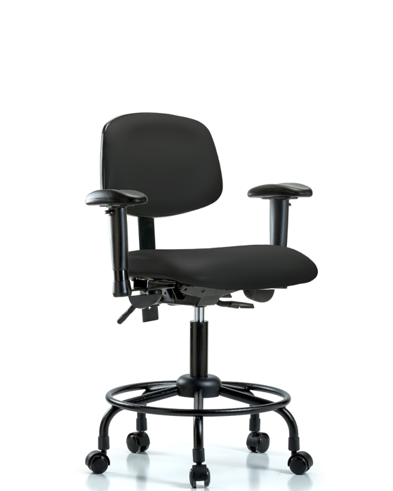 Blue Ridge Ergonomics VDHCH-RT-T1-A1-RC-8540 Rutledge Vinyl Chair - Desk Height with Round Tube Base, Seat Tilt, Adjustable Arms, & Casters in Black Trailblazer™ Vinyl