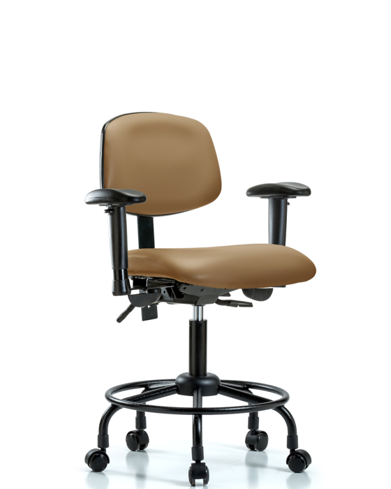 Blue Ridge Ergonomics VDHCH-RT-T1-A1-RC-8584 Rutledge Vinyl Chair - Desk Height with Round Tube Base, Seat Tilt, Adjustable Arms, & Casters in Taupe Trailblazer™ Vinyl