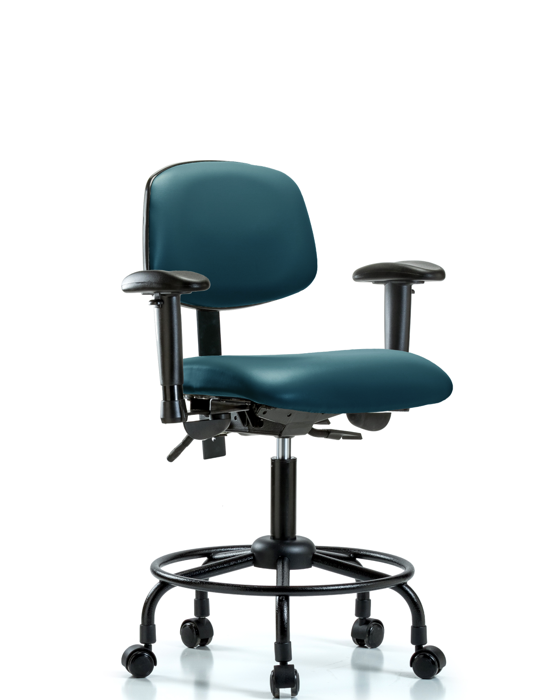 Blue Ridge Ergonomics VDHCH-RT-T1-A1-RC-8801 Rutledge Vinyl Chair - Desk Height with Round Tube Base, Seat Tilt, Adjustable Arms, & Casters in Marine Blue Supernova™ Vinyl