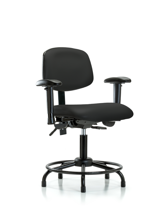Blue Ridge Ergonomics VDHCH-RT-T1-A1-RG-8540 Rutledge Vinyl Chair - Desk Height with Round Tube Base, Seat Tilt, Adjustable Arms, & Stationary Glides in Black Trailblazer™ Vinyl