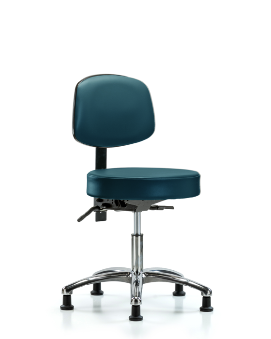 Blue Ridge Ergonomics VDHST-CR-T0-RG-8801 Rutledge Vinyl Stool with Back Chrome - Desk Height with Stationary Glides in Marine Blue Supernova™ Vinyl