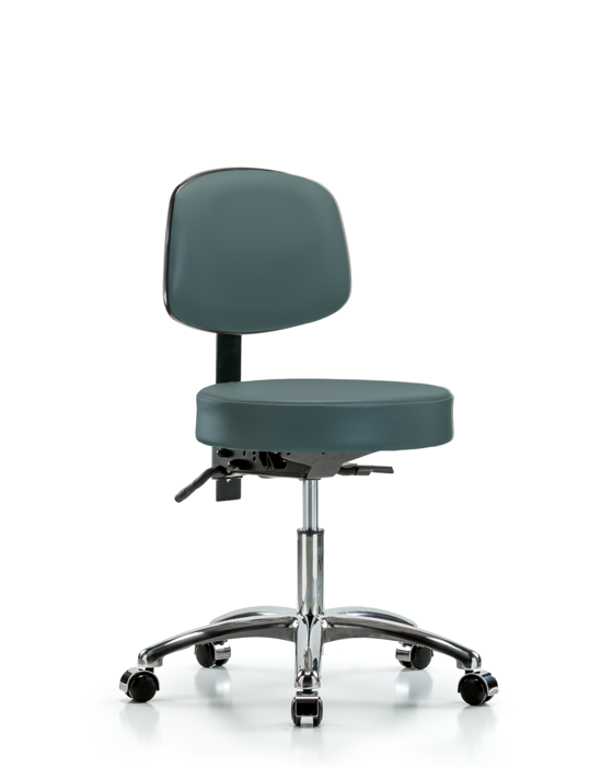 Blue Ridge Ergonomics VDHST-CR-T1-CC-8546 Rutledge Vinyl Stool with Back Chrome - Desk Height with Seat Tilt & Casters in Colonial Blue Trailblazer™ Vinyl