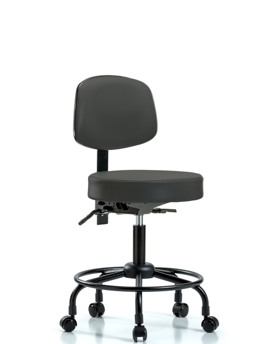 Blue Ridge Ergonomics VDHST-RT-T0-RC-8605 Rutledge Vinyl Stool with Back - Desk Height with Round Tube Base & Casters in Charcoal Trailblazer™ Vinyl