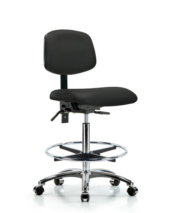 Blue Ridge Ergonomics VHBCH-CR-T0-A0-CF-CC-8540 Rutledge Vinyl Chair Chrome - High Bench Height with Chrome Foot Ring & Casters in Black Trailblazer™ Vinyl