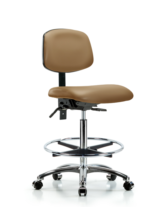 Blue Ridge Ergonomics VHBCH-CR-T0-A0-CF-CC-8584 Rutledge Vinyl Chair Chrome - High Bench Height with Chrome Foot Ring & Casters in Taupe Trailblazer™ Vinyl