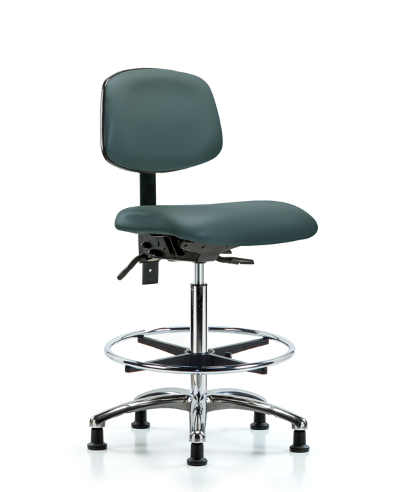 Blue Ridge Ergonomics VHBCH-CR-T0-A0-CF-RG-8546 Rutledge Vinyl Chair Chrome - High Bench Height with Chrome Foot Ring & Stationary Glides in Colonial Blue Trailblazer™ Vinyl