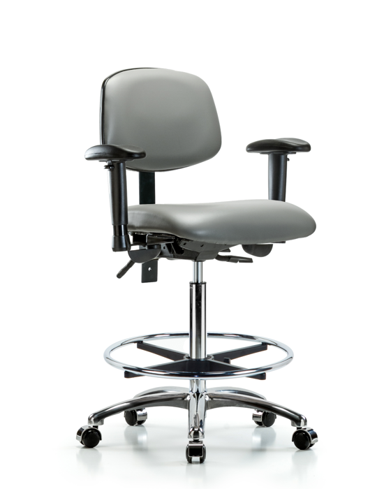 Blue Ridge Ergonomics VHBCH-CR-T0-A1-CF-CC-8840 Rutledge Vinyl Chair Chrome - High Bench Height with Adjustable Arms, Chrome Foot Ring, & Casters in Sterling Supernova™ Vinyl