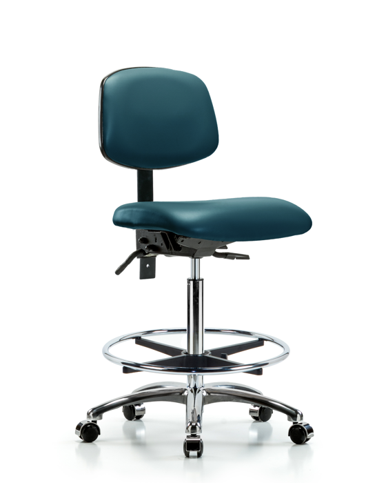 Blue Ridge Ergonomics VHBCH-CR-T1-A0-CF-CC-8801 Rutledge Vinyl Chair Chrome - High Bench Height with Seat Tilt, Chrome Foot Ring, & Casters in Marine Blue Supernova™ Vinyl