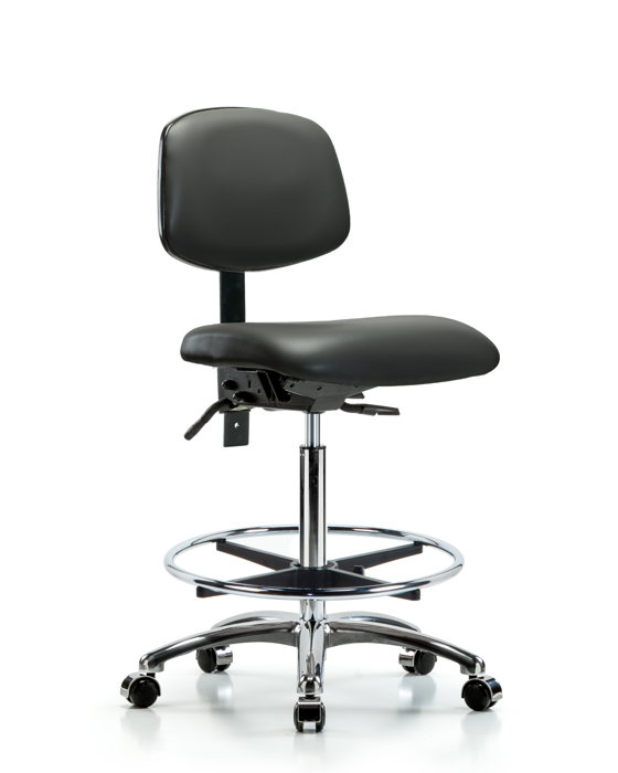Blue Ridge Ergonomics VHBCH-CR-T1-A0-CF-CC-8823 Rutledge Vinyl Chair Chrome - High Bench Height with Seat Tilt, Chrome Foot Ring, & Casters in Carbon Supernova™ Vinyl