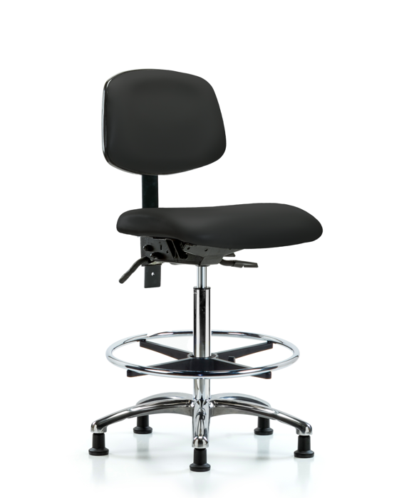 Blue Ridge Ergonomics VHBCH-CR-T1-A0-CF-RG-8540 Rutledge Vinyl Chair Chrome - High Bench Height with Seat Tilt, Chrome Foot Ring, & Stationary Glides in Black Trailblazer™ Vinyl