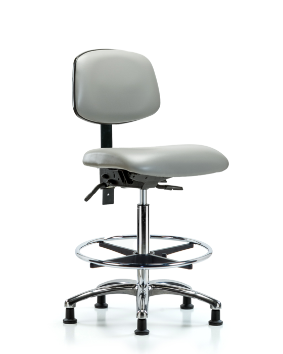 Blue Ridge Ergonomics VHBCH-CR-T1-A0-CF-RG-8567 Rutledge Vinyl Chair Chrome - High Bench Height with Seat Tilt, Chrome Foot Ring, & Stationary Glides in Dove Trailblazer™ Vinyl