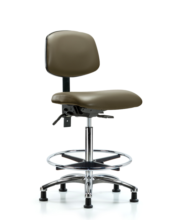 Blue Ridge Ergonomics VHBCH-CR-T1-A0-CF-RG-8809 Rutledge Vinyl Chair Chrome - High Bench Height with Seat Tilt, Chrome Foot Ring, & Stationary Glides in Taupe Supernova™ Vinyl
