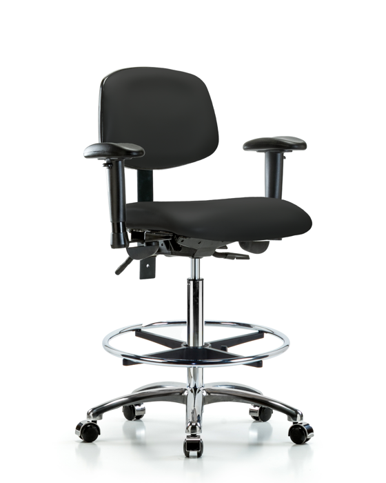 Blue Ridge Ergonomics VHBCH-CR-T1-A1-CF-CC-8540 Rutledge Vinyl Chair Chrome - High Bench Height with Seat Tilt, Adjustable Arms, Chrome Foot Ring, & Casters in Black Trailblazer™ Vinyl