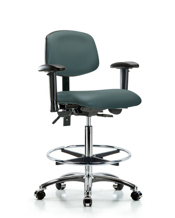 Blue Ridge Ergonomics VHBCH-CR-T1-A1-CF-CC-8546 Rutledge Vinyl Chair Chrome - High Bench Height with Seat Tilt, Adjustable Arms, Chrome Foot Ring, & Casters in Colonial Blue Trailblazer™ Vinyl