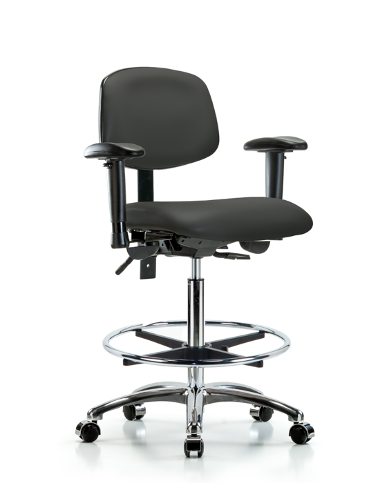 Blue Ridge Ergonomics VHBCH-CR-T1-A1-CF-CC-8605 Rutledge Vinyl Chair Chrome - High Bench Height with Seat Tilt, Adjustable Arms, Chrome Foot Ring, & Casters in Charcoal Trailblazer™ Vinyl