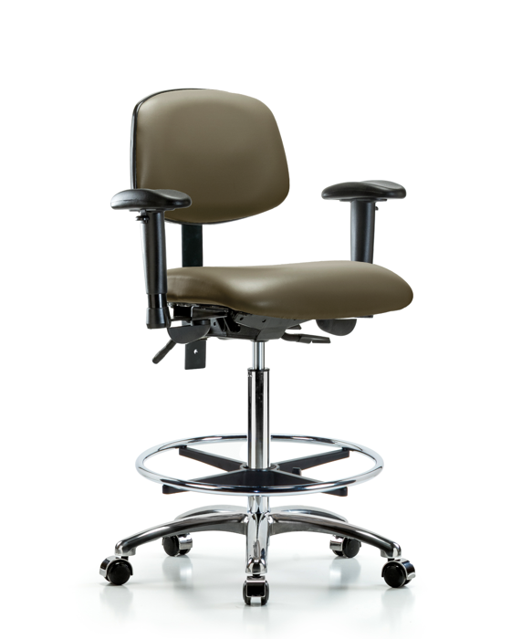 Blue Ridge Ergonomics VHBCH-CR-T1-A1-CF-CC-8809 Rutledge Vinyl Chair Chrome - High Bench Height with Seat Tilt, Adjustable Arms, Chrome Foot Ring, & Casters in Taupe Supernova™ Vinyl