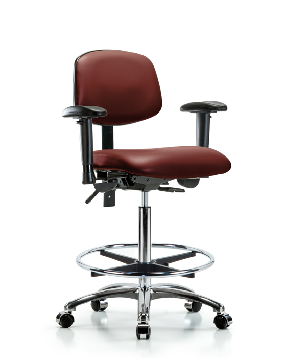 Blue Ridge Ergonomics VHBCH-CR-T1-A1-CF-CC-8815 Rutledge Vinyl Chair Chrome - High Bench Height with Seat Tilt, Adjustable Arms, Chrome Foot Ring, & Casters in Borscht Supernova™ Vinyl
