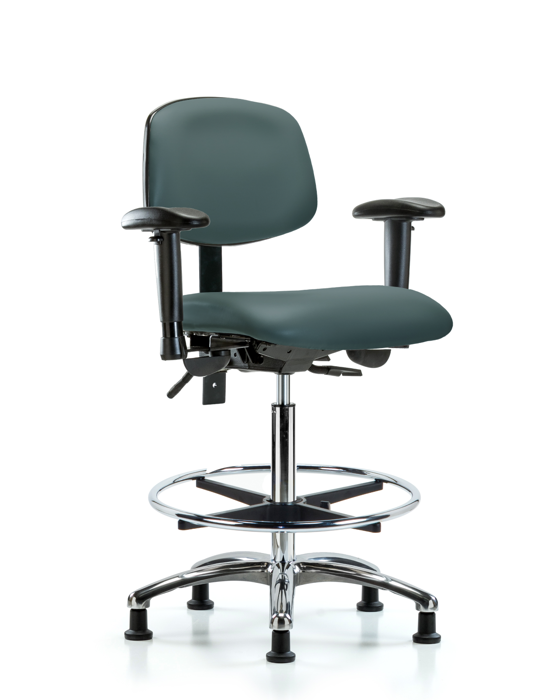 Blue Ridge Ergonomics VHBCH-CR-T1-A1-CF-RG-8546 Rutledge Vinyl Chair Chrome - High Bench Height with Seat Tilt, Adjustable Arms, Chrome Foot Ring, & Stationary Glides in Colonial Blue Trailblazer™ Vinyl