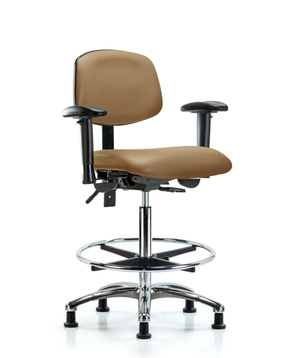 Blue Ridge Ergonomics VHBCH-CR-T1-A1-CF-RG-8584 Rutledge Vinyl Chair Chrome - High Bench Height with Seat Tilt, Adjustable Arms, Chrome Foot Ring, & Stationary Glides in Taupe Trailblazer™ Vinyl
