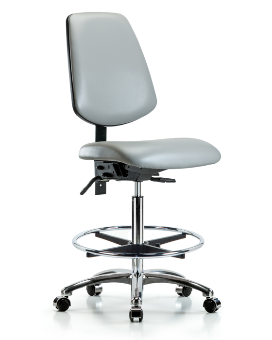 Blue Ridge Ergonomics VHBCH-MB-CR-T0-A0-CF-CC-8567 Rutledge Vinyl Chair Chrome - High Bench Height with Medium Back, Chrome Foot Ring, & Casters in Dove Trailblazer™ Vinyl
