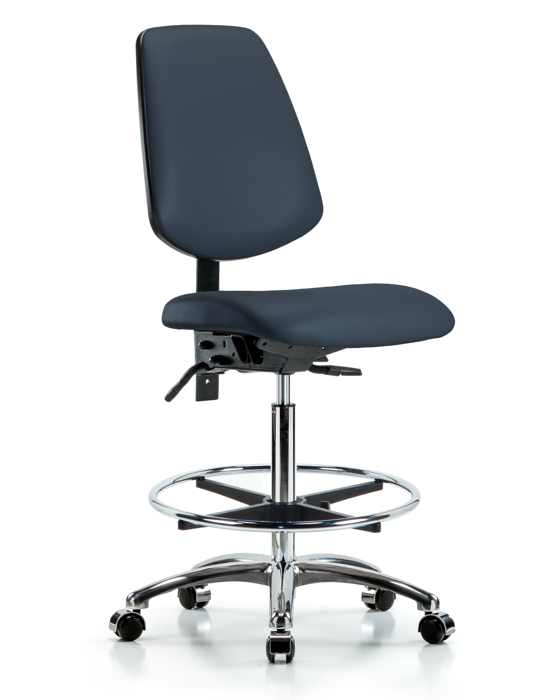 Blue Ridge Ergonomics VHBCH-MB-CR-T0-A0-CF-CC-8582 Rutledge Vinyl Chair Chrome - High Bench Height with Medium Back, Chrome Foot Ring, & Casters in Imperial Blue Trailblazer™ Vinyl