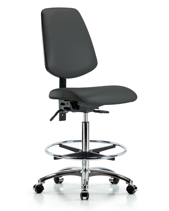 Blue Ridge Ergonomics VHBCH-MB-CR-T0-A0-CF-CC-8605 Rutledge Vinyl Chair Chrome - High Bench Height with Medium Back, Chrome Foot Ring, & Casters in Charcoal Trailblazer™ Vinyl