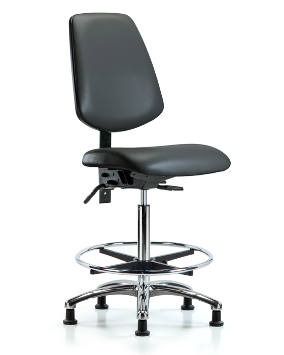 Blue Ridge Ergonomics VHBCH-MB-CR-T0-A0-CF-RG-8823 Rutledge Vinyl Chair Chrome - High Bench Height with Medium Back, Chrome Foot Ring, & Stationary Glides in Carbon Supernova™ Vinyl